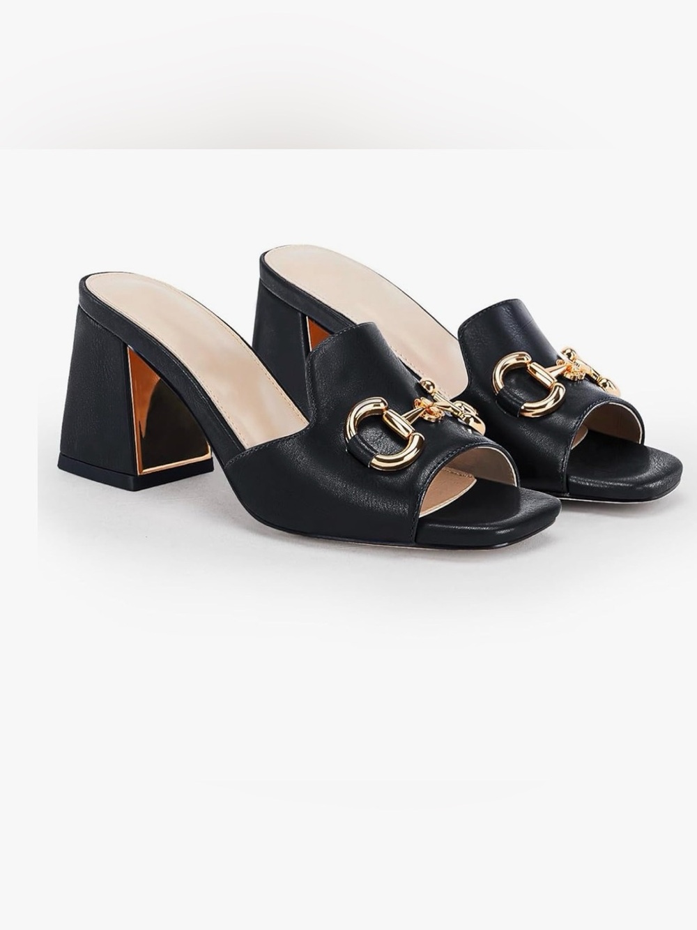 Black Vegan Leather Open-Toe Slide Heels with Gold Horse bit Chain Accent